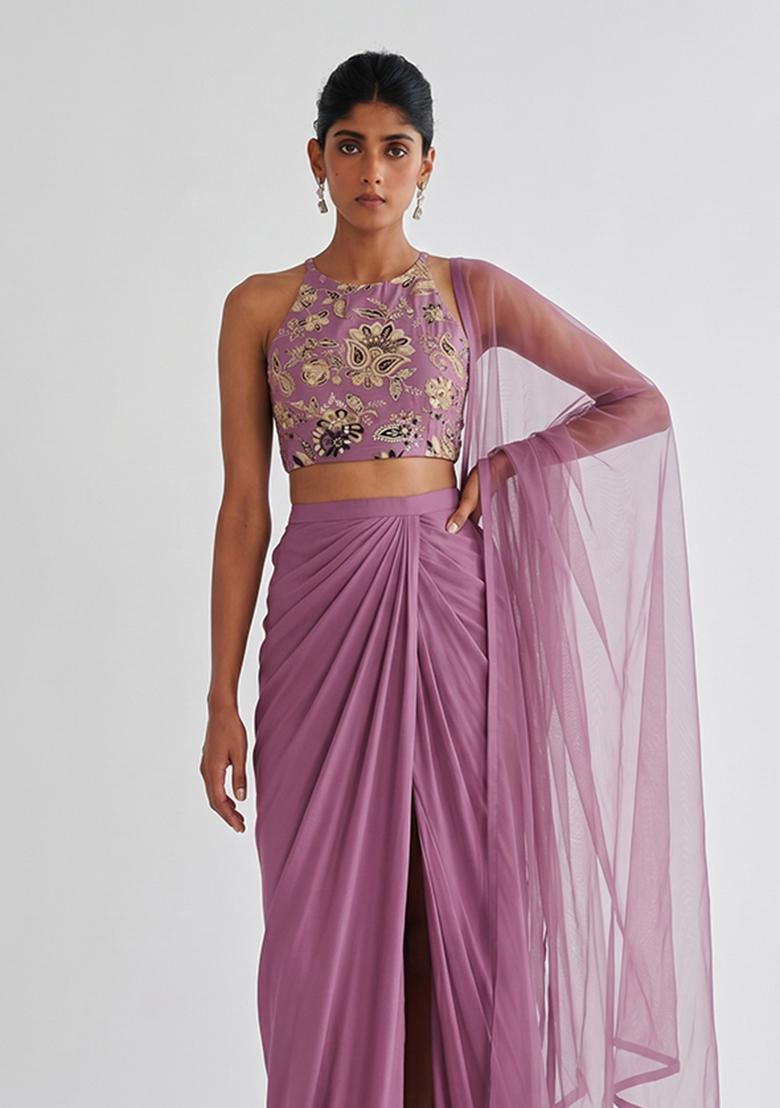 Mauve Printed Crepe Fusion Set - Indya