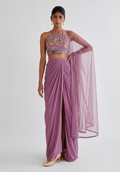 Mauve Printed Crepe Fusion Set