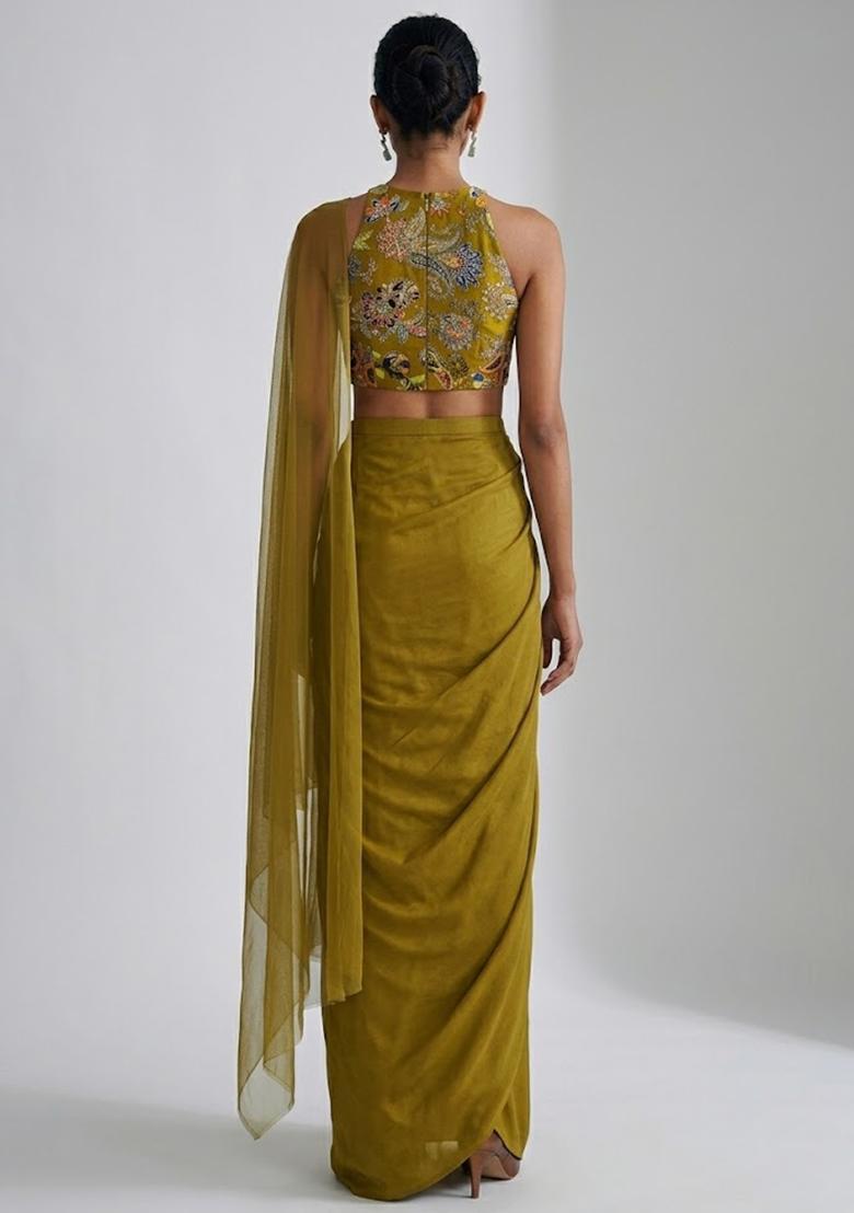 Olive Green Embroidered Crepe Fusion Set - Indya