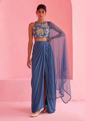 Dusty Blue Embroidered Crepe Fusion Set