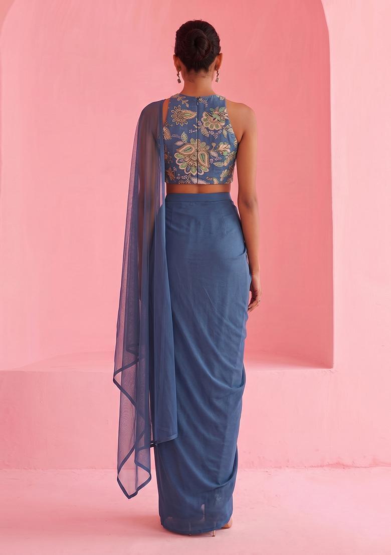 Dusty Blue Embroidered Crepe Fusion Set - Indya
