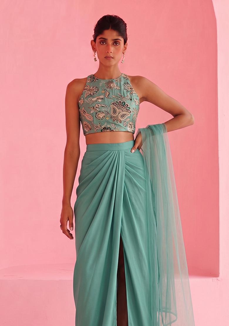 Sea Green Embroidered Crepe Fusion Set - Indya