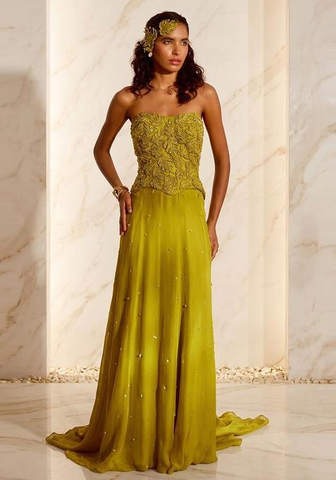 Lime Yellow Embroidered Handwork Fusion Set