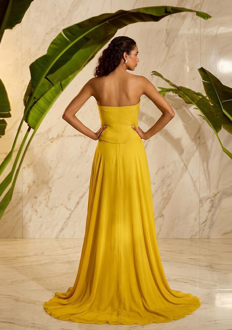 Mustard Embroidered Handwork Fusion Set - Indya