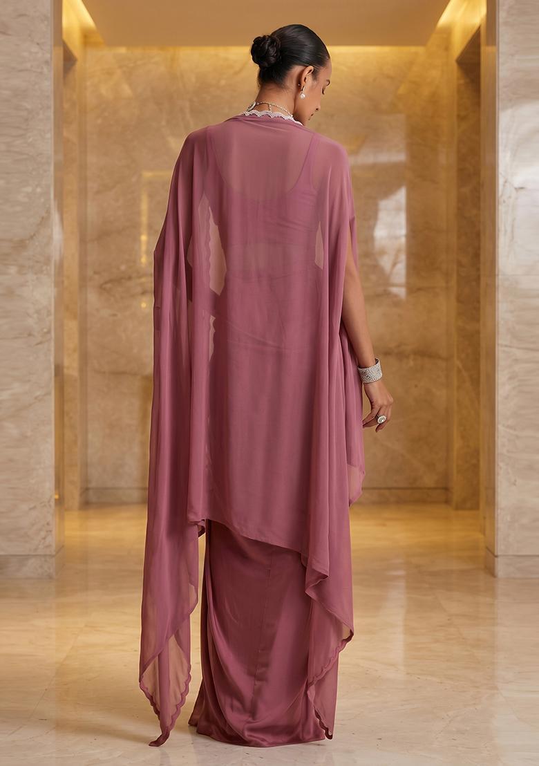 Dusty Mauve Embroidered Handwork Fusion Set - Indya