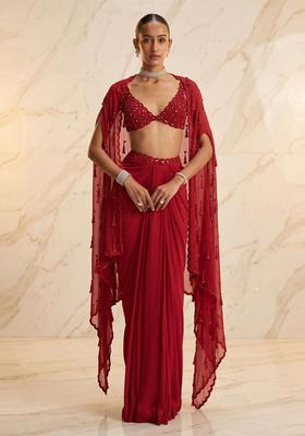 Crimson Red Embroidered Handwork Fusion Set