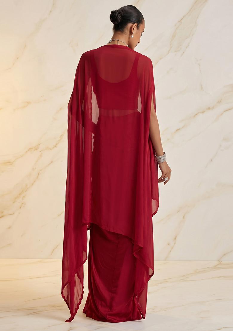 Crimson Red Embroidered Handwork Fusion Set - Indya
