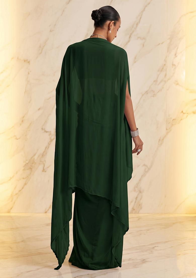 Emerald Green Embroidered Handwork Fusion Set - Indya
