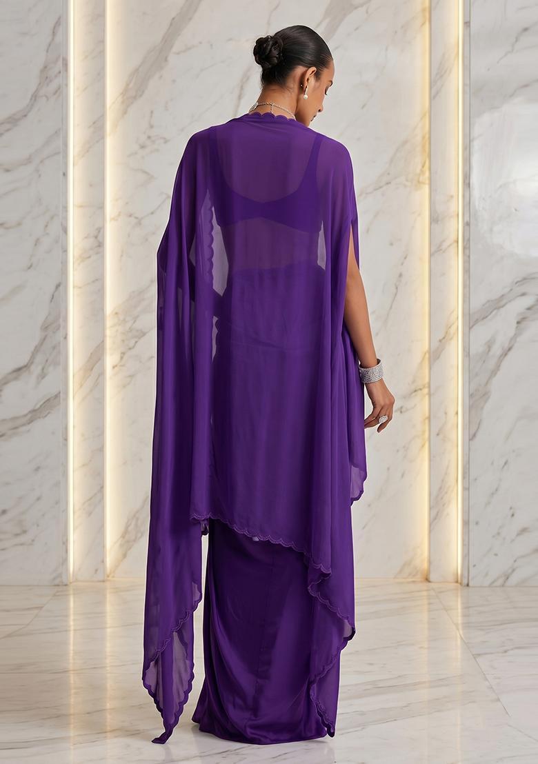 Deep Purple Embroidered Handwork Fusion Set - Indya