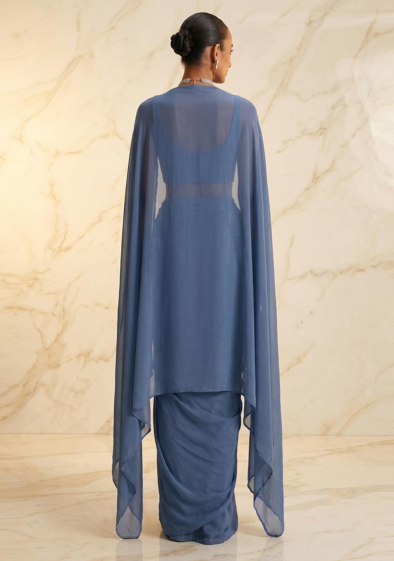 Dusty Blue Embroidered Handwork Fusion Set - Indya