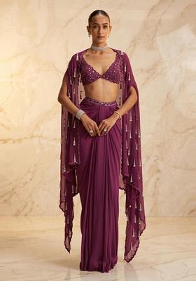 Purple Embroidered Handwork Fusion Set