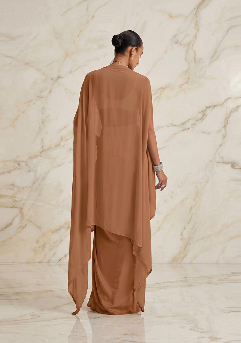 Brown Embroidered Handwork Fusion Set - Indya