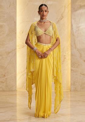 Bright Yellow Embroidered Handwork Fusion Set