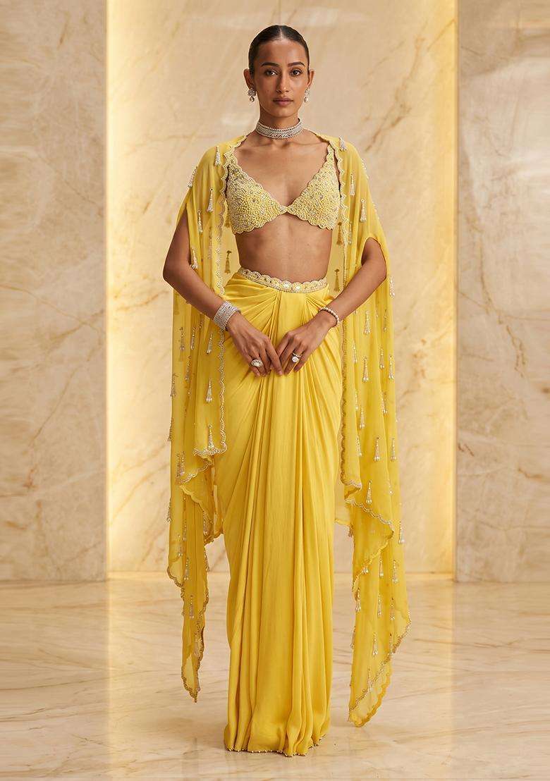 Bright Yellow Embroidered Handwork Fusion Set - Indya