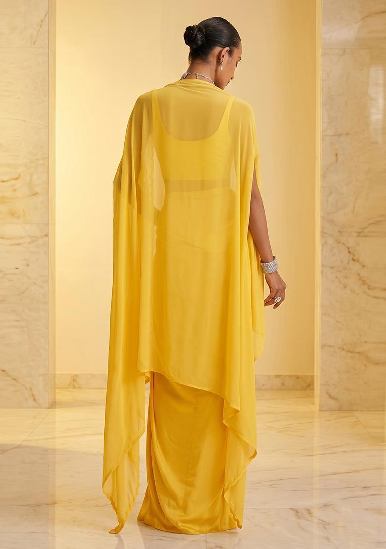 Bright Yellow Embroidered Handwork Fusion Set - Indya
