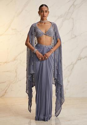 Dusty Blue Embroidered Handwork Fusion Set