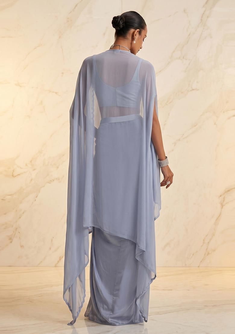 Dusty Blue Embroidered Handwork Fusion Set - Indya