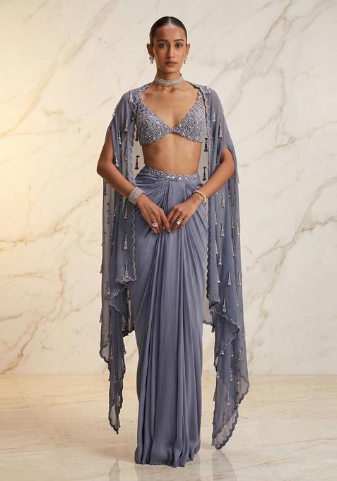 Dusty Blue Embroidered Handwork Fusion Set
