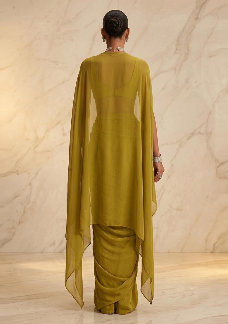 Olive Green Embroidered Handwork Fusion Set - Indya