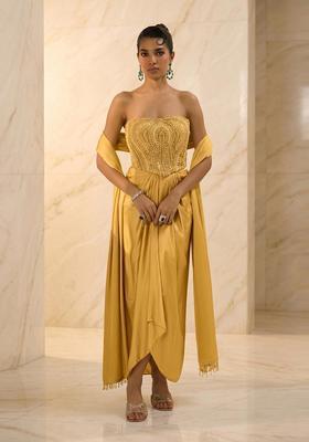 Yellow Embroidered Handwork Fusion Set
