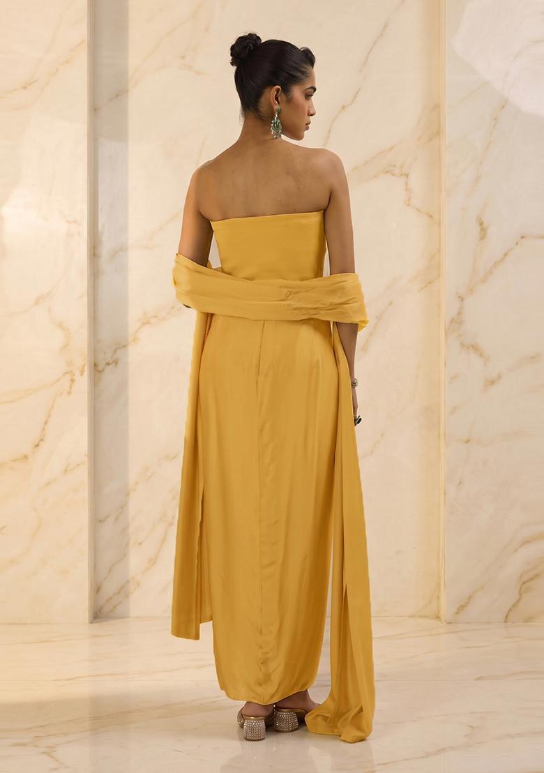 Yellow Embroidered Handwork Fusion Set - Indya