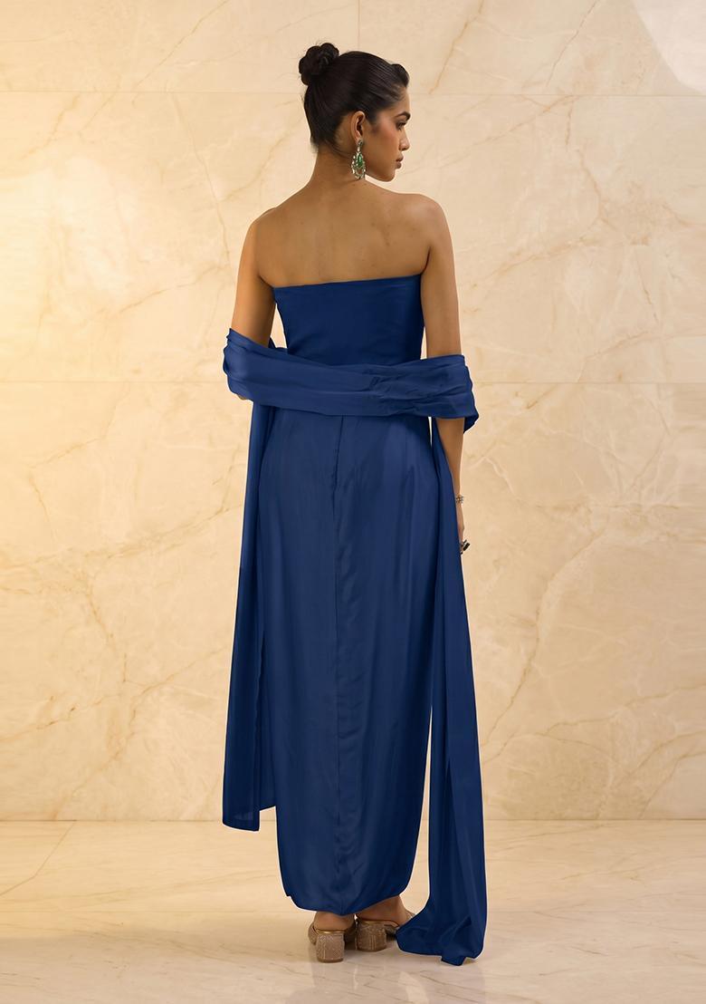 Navy Blue Embroidered Handwork Fusion Set - Indya