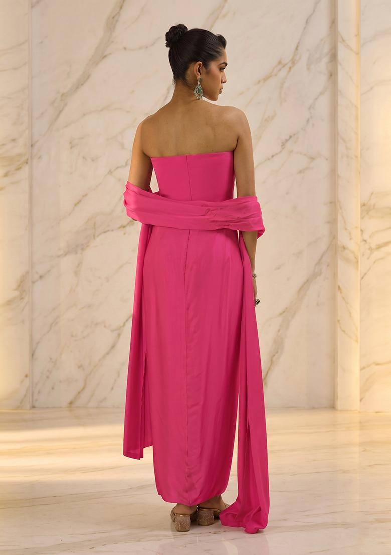 Hot Pink Embroidered Handwork Fusion Set - Indya