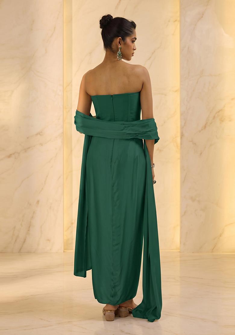 Emerald Green Embroidered Handwork Fusion Set - Indya