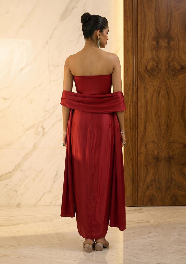 Red Embroidered Handwork Fusion Set - Indya