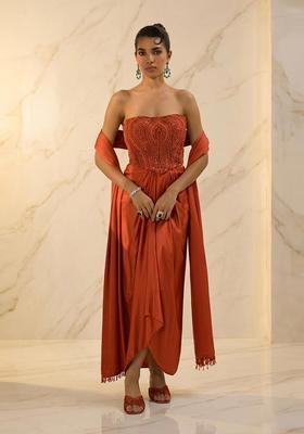 Rust Orange Embroidered Handwork Fusion Set