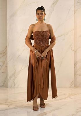 Brown Embroidered Handwork Fusion Set