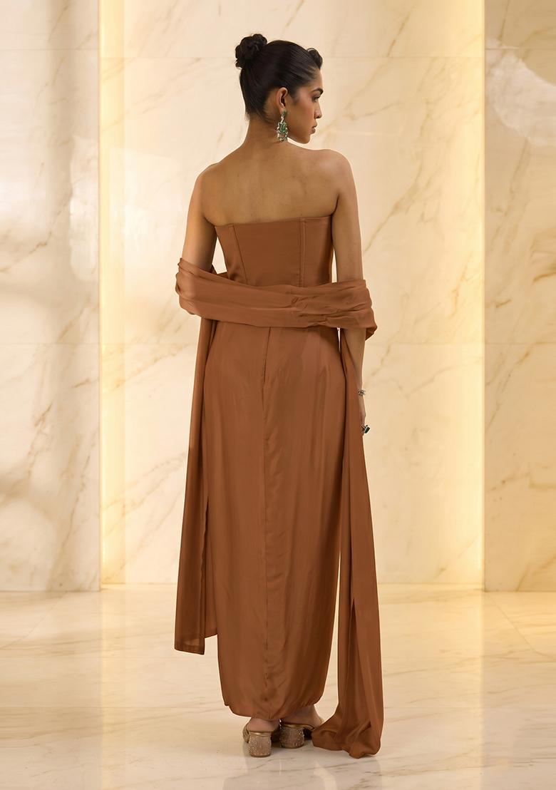Brown Embroidered Handwork Fusion Set - Indya
