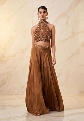 Copper Brown Embroidered Handwork Fusion Set
