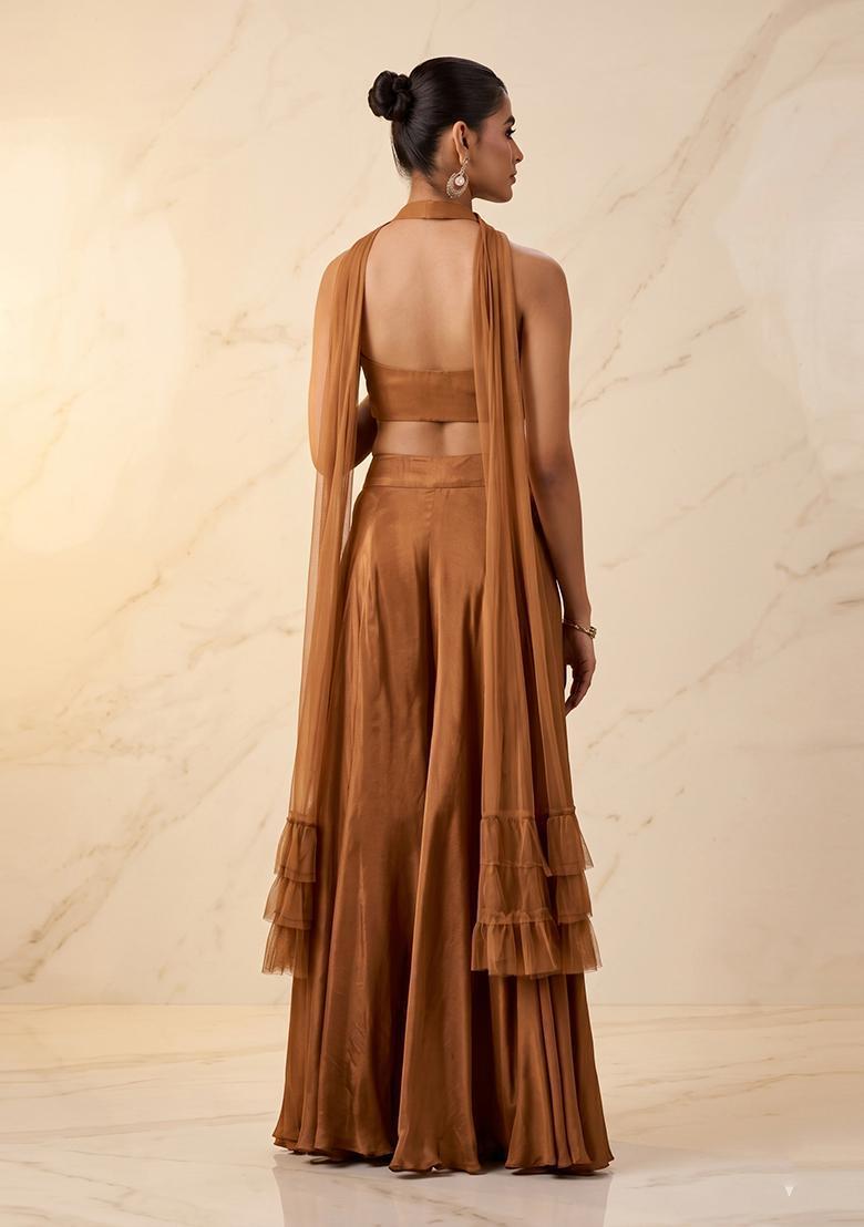 Copper Brown Embroidered Handwork Fusion Set - Indya
