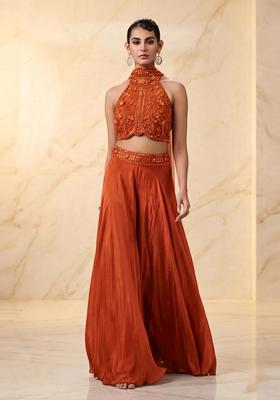 Rust Orange Embroidered Handwork Fusion Set
