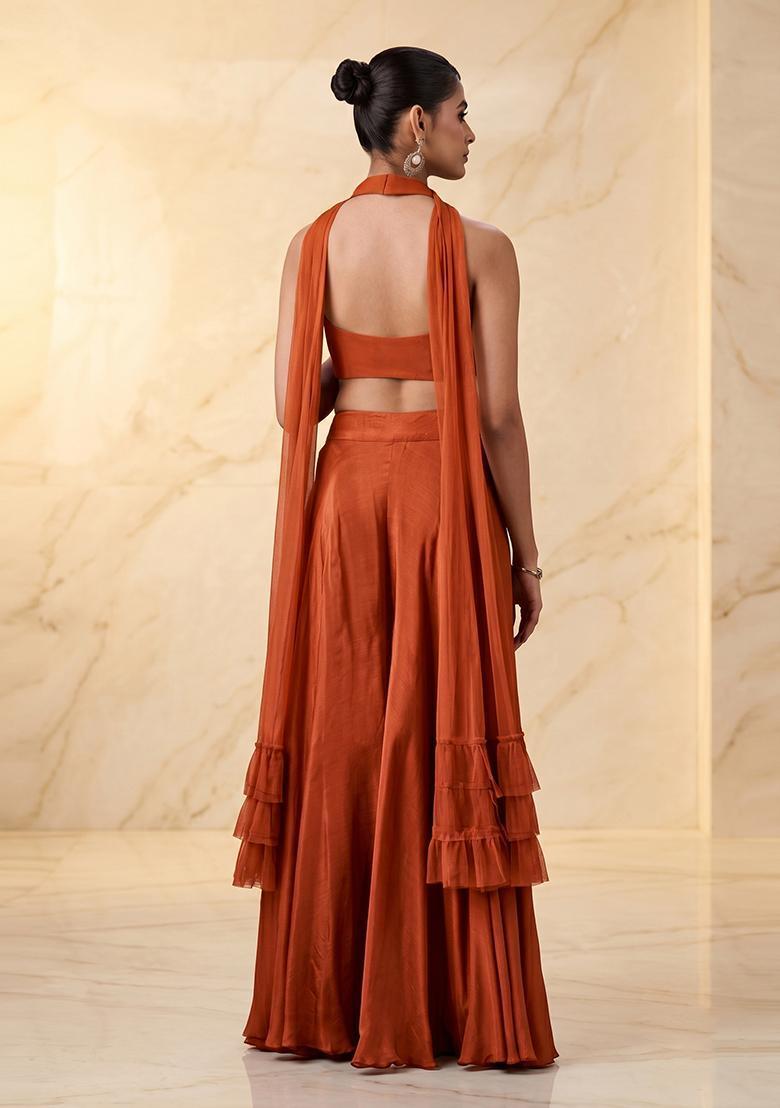 Rust Orange Embroidered Handwork Fusion Set - Indya