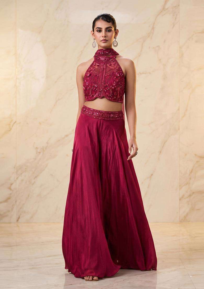 Magenta Embroidered Handwork Fusion Set - Indya
