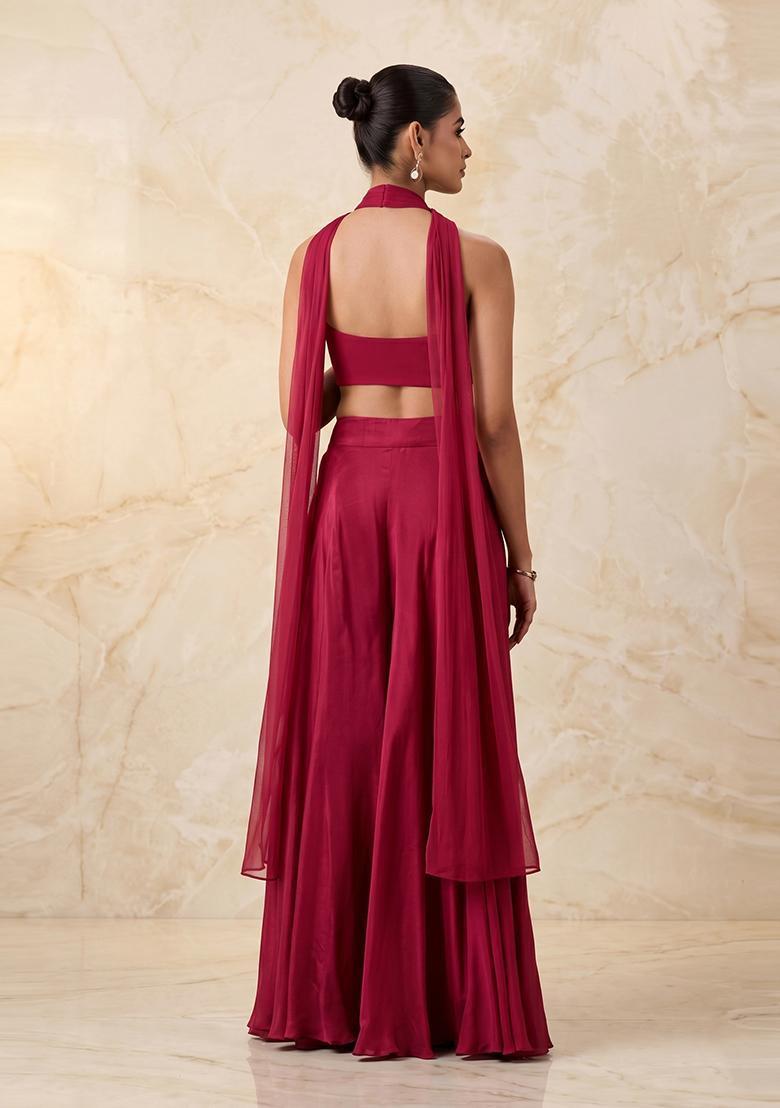 Magenta Embroidered Handwork Fusion Set - Indya