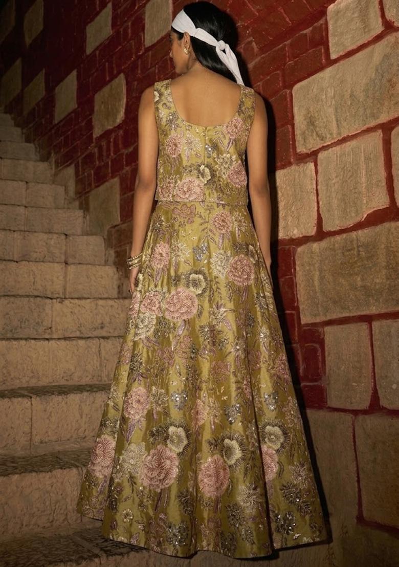 Olive Green Printed Chinon Lehenga Set - Indya