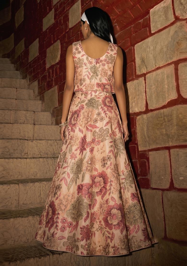 Soft Pink Printed Chinon Lehenga Set - Indya