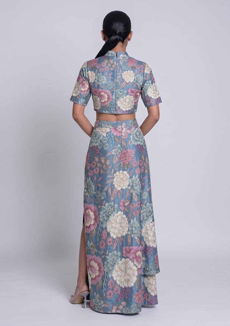 Steel Blue Printed Chinon Fusion Set - Indya
