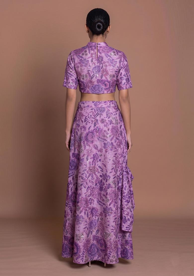 Purple Printed Chinon Fusion Set - Indya