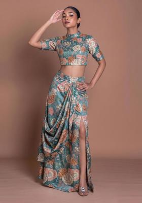 Sea Green Printed Chinon Fusion Set