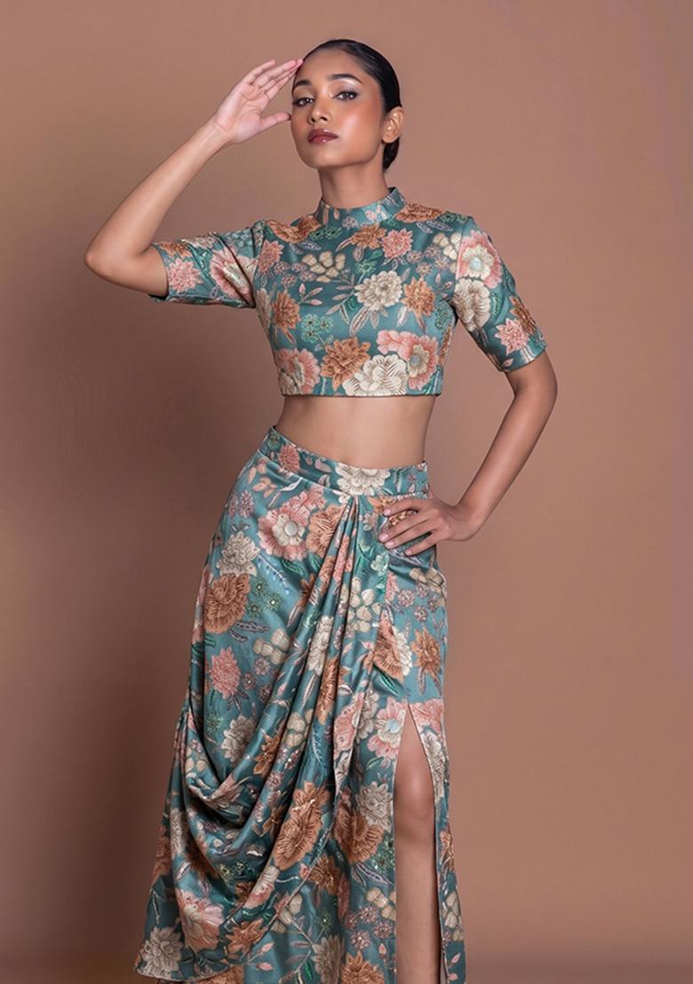 Sea Green Printed Chinon Fusion Set - Indya