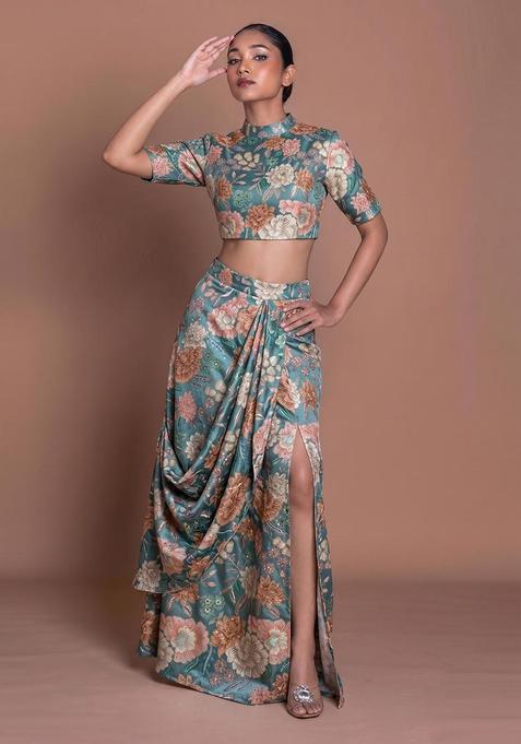 Sea Green Printed Chinon Fusion Set