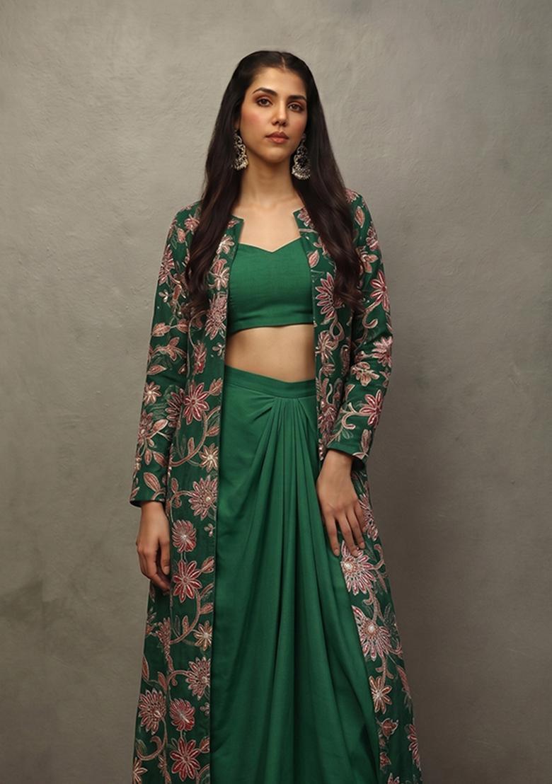 Bottle Green Sequin Tissue Fusion Set - Indya