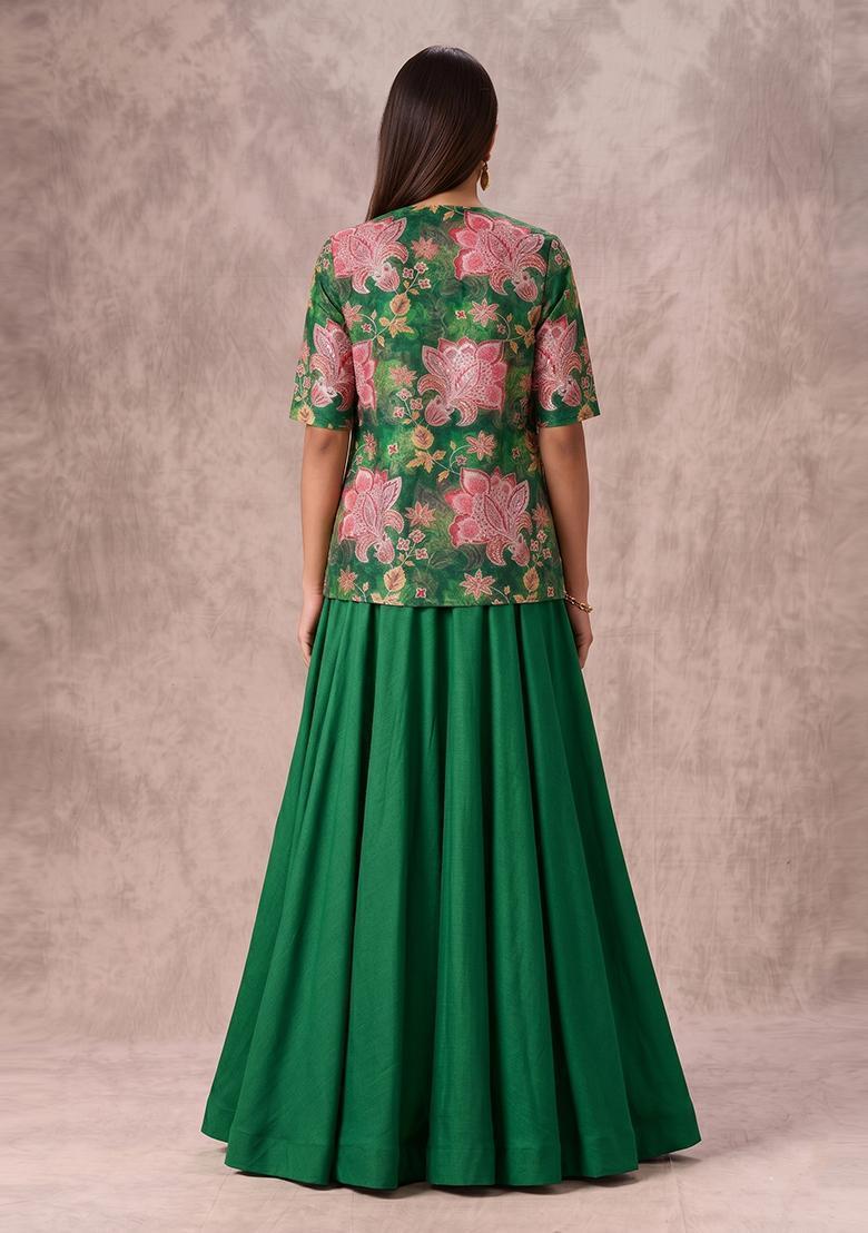 Emerald Green Sequin Tissue Lehenga Set - Indya