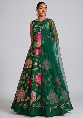 Emerald Green Printed Organza Lehenga Set