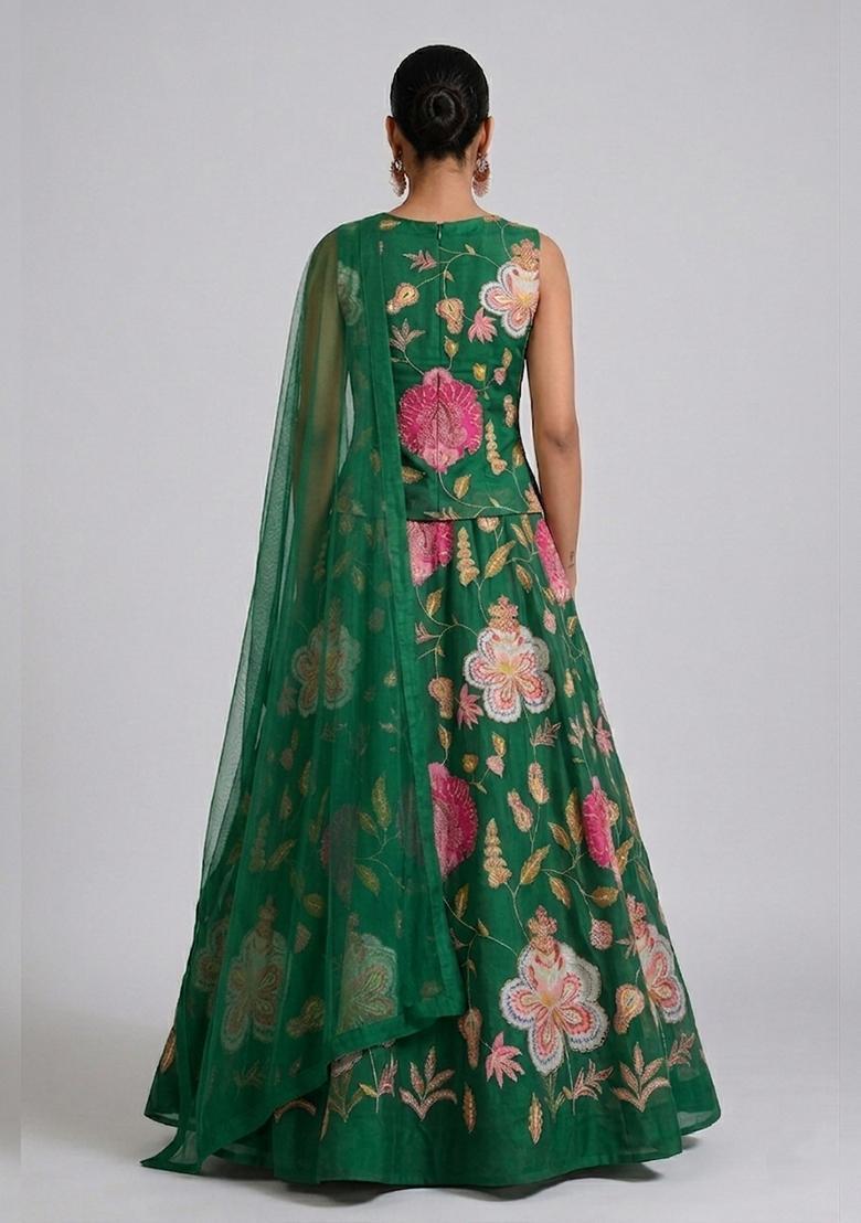 Emerald Green Printed Organza Lehenga Set - Indya