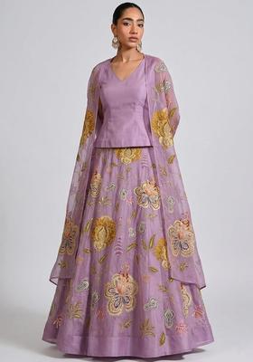 Lavender Printed Organza Lehenga Set